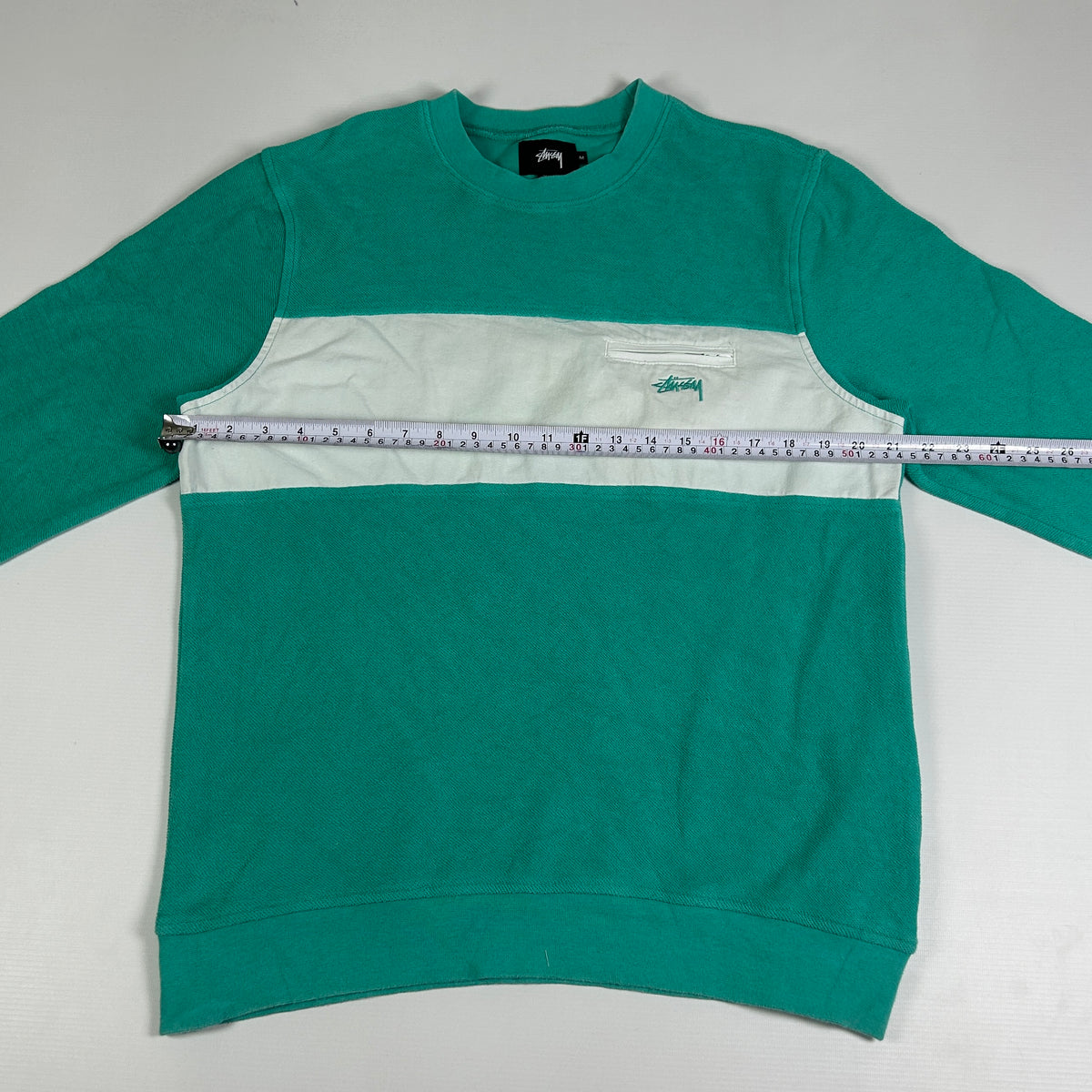 M - Stussy Teal and White Colorblock Crewneck Sweatshirt