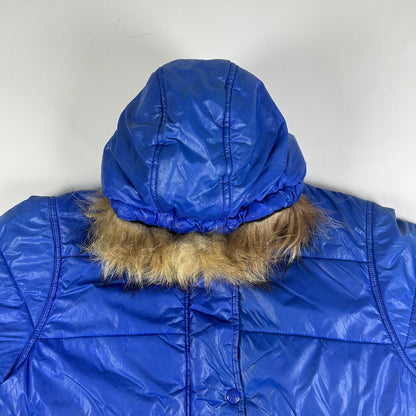 S - Vintage 1990's Moncler Blue Quilted Hooded Puffer Jacket with Fur Trim