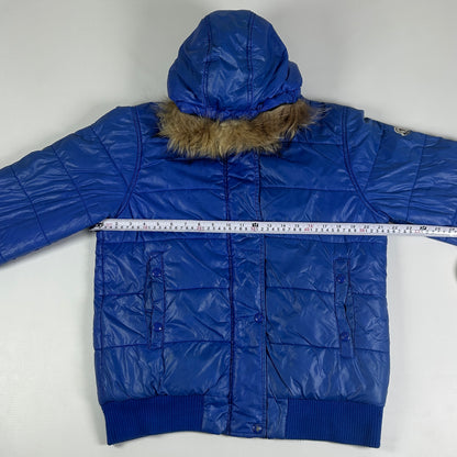 S - Vintage 1990's Moncler Blue Quilted Hooded Puffer Jacket with Fur Trim