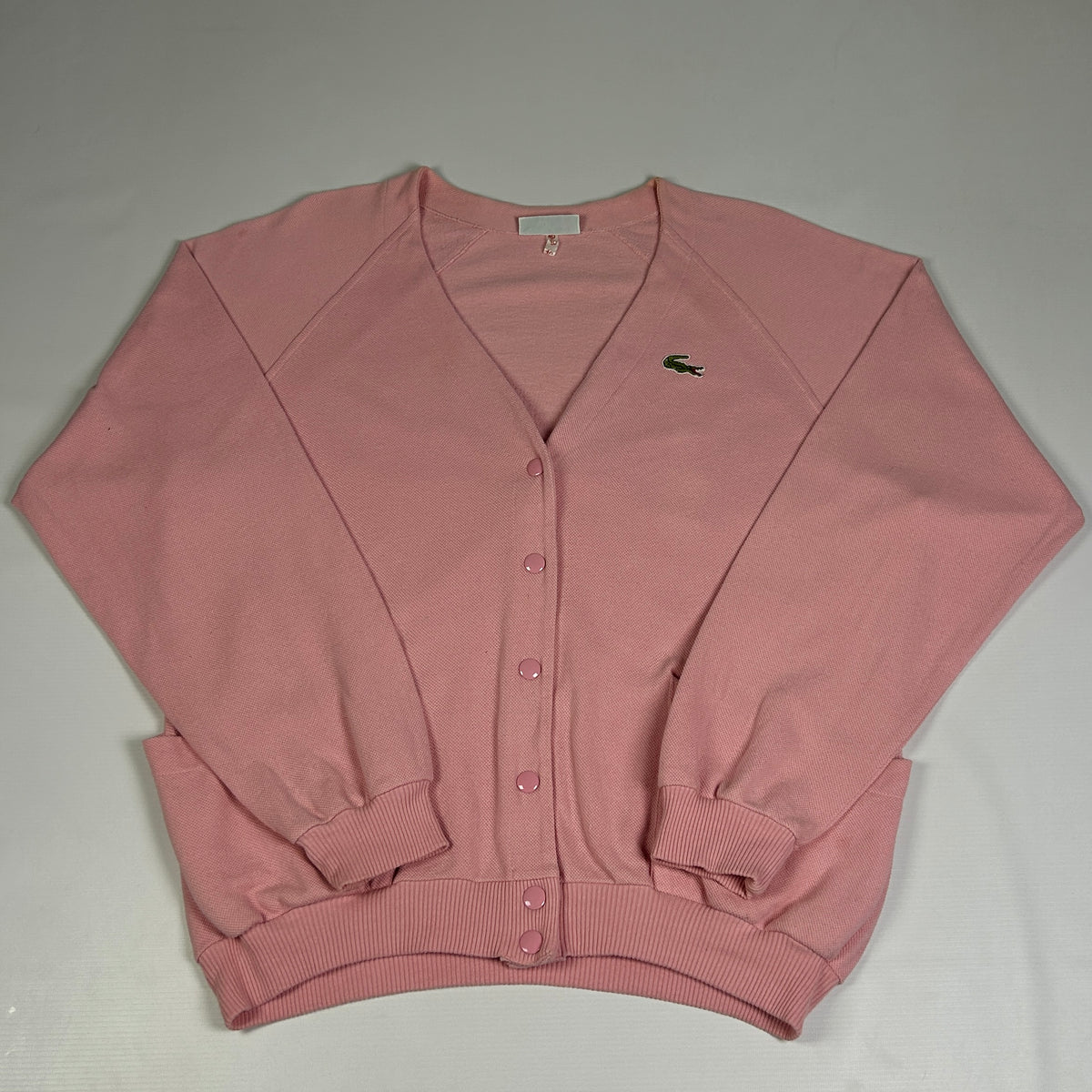 L - 1980's Lacoste Women's Pink Relaxed Fit V-neck Wool Cardigan