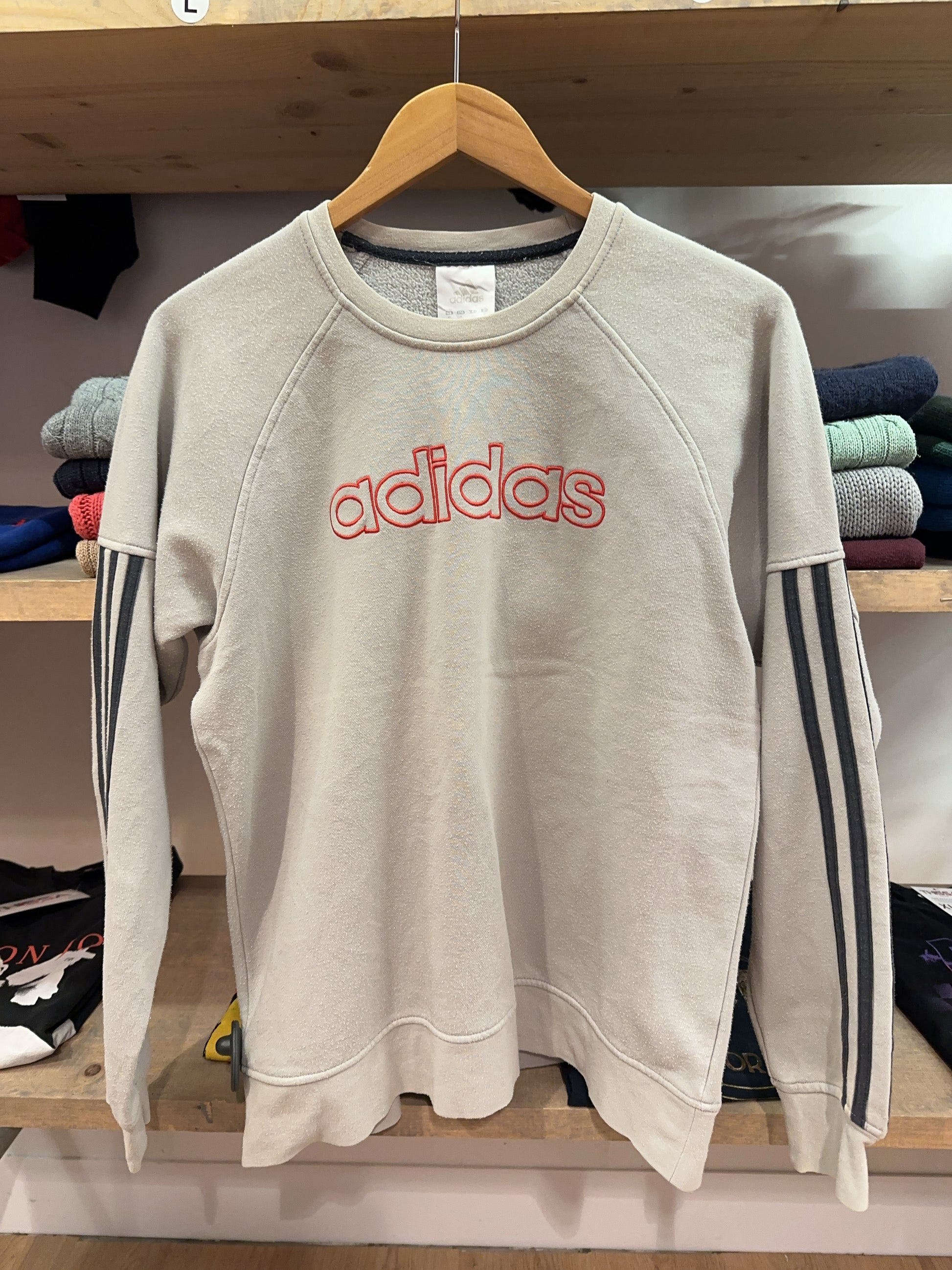 Adidas Beige 3-Stripes Logo Crewneck Sweatshirt - M