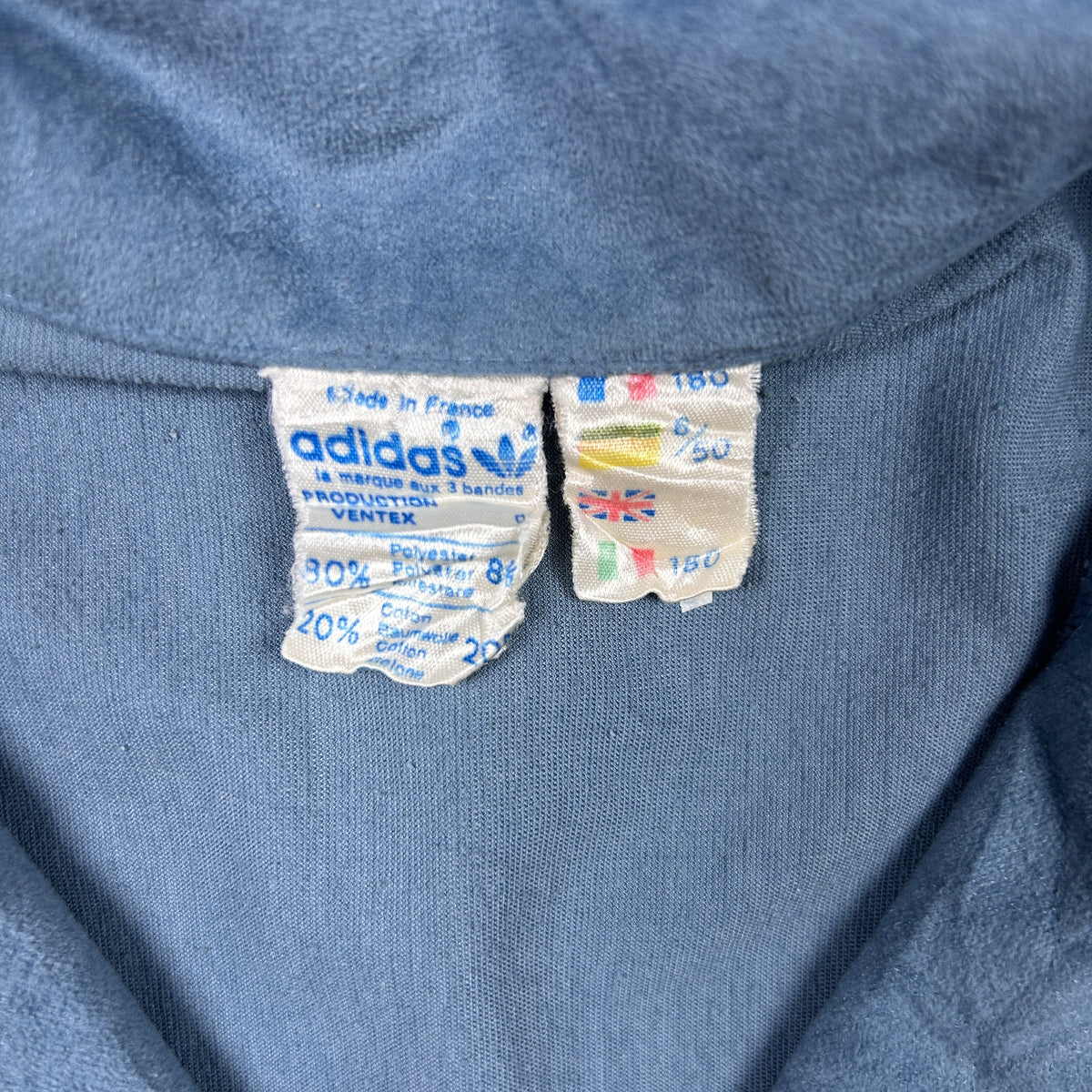 L - 1970's Adidas Ventex velour Blue Zip Track Jacket with Trefoil Stripes