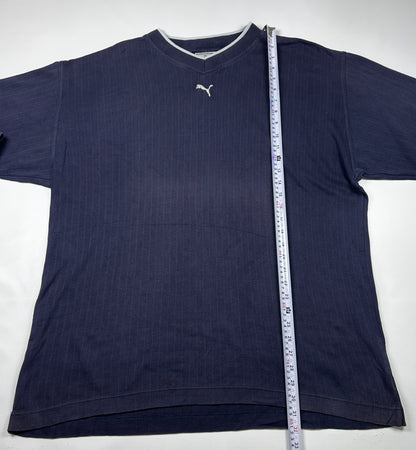L - 1990's Puma Navy Long Essentials Elevated Relaxed Material Sleeve V-Neck Shirt