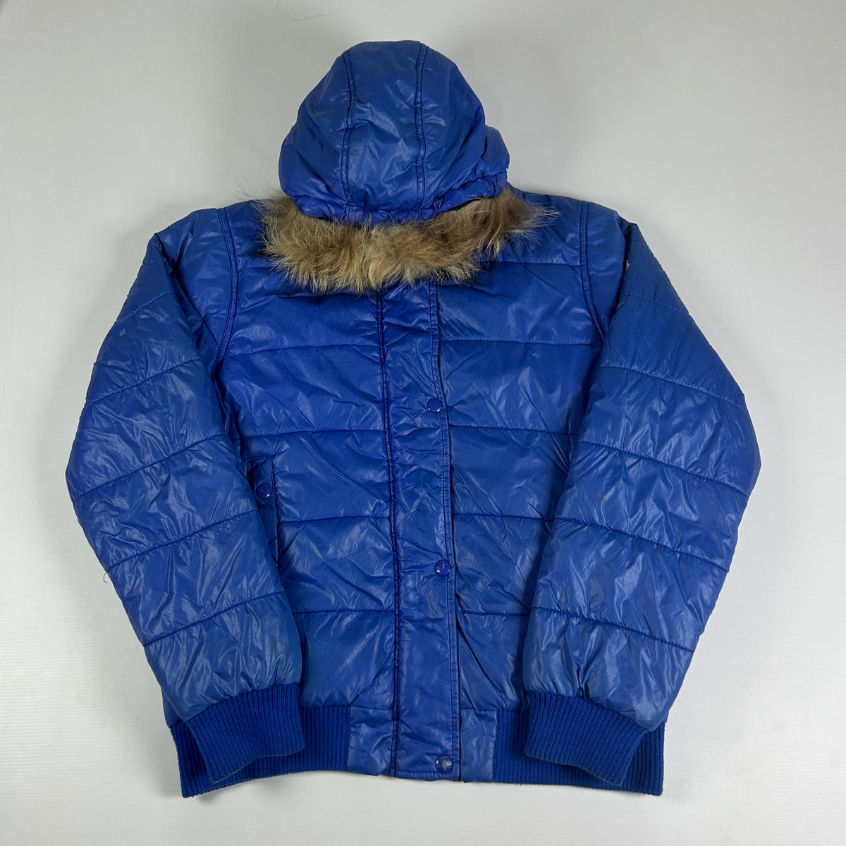 S - Vintage 1990's Moncler Blue Quilted Hooded Puffer Jacket with Fur Trim