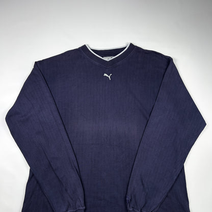 L - 1990's Puma Navy Long Essentials Elevated Relaxed Material Sleeve V-Neck Shirt