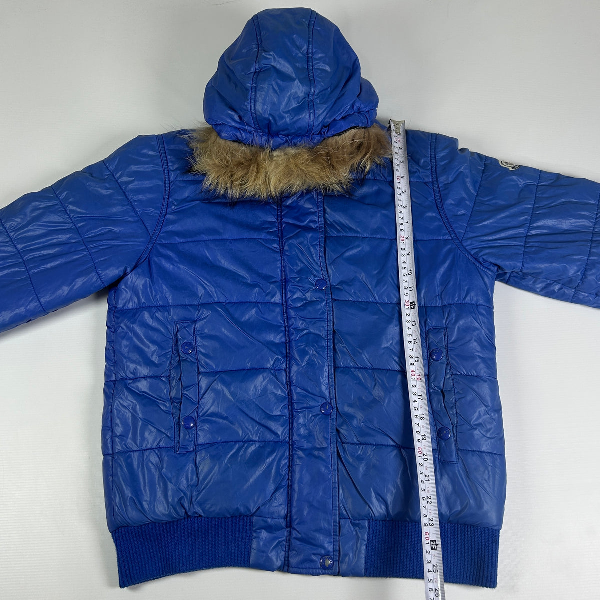 S - Vintage 1990's Moncler Blue Quilted Hooded Puffer Jacket with Fur Trim