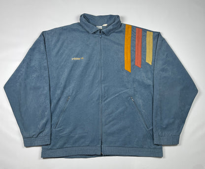 L - 1970's Adidas Ventex velour Blue Zip Track Jacket with Trefoil Stripes