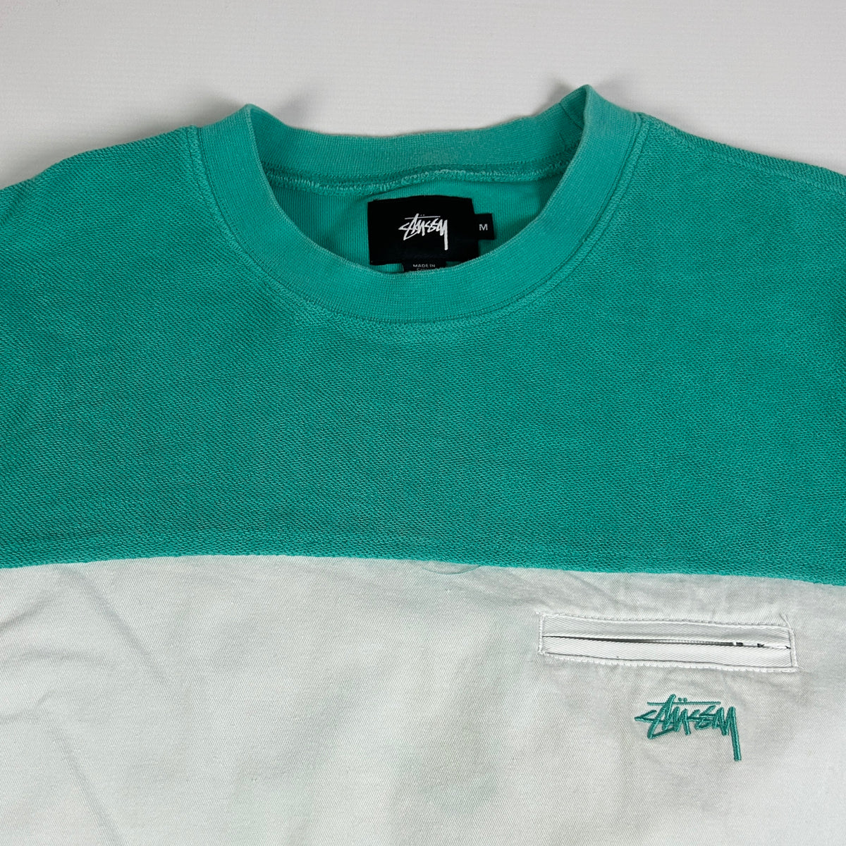 M - Stussy Teal and White Colorblock Crewneck Sweatshirt
