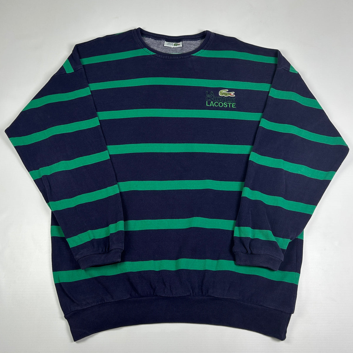 L - Vintage 1980's Lacoste Navy Green Stripe Crewneck Sweatshirt