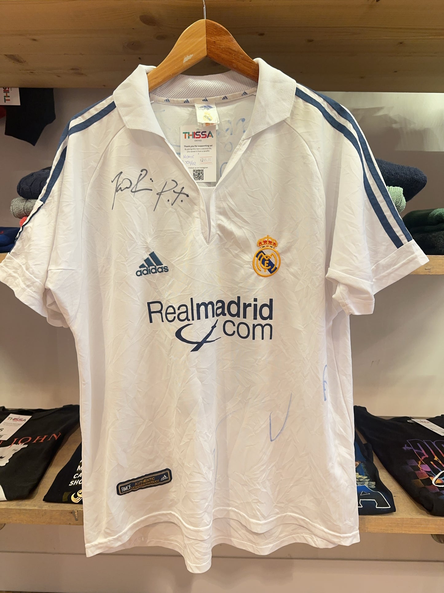 2001-02 Real Madrid Figo Signatures Adidas Home Football Shirt 10 - L