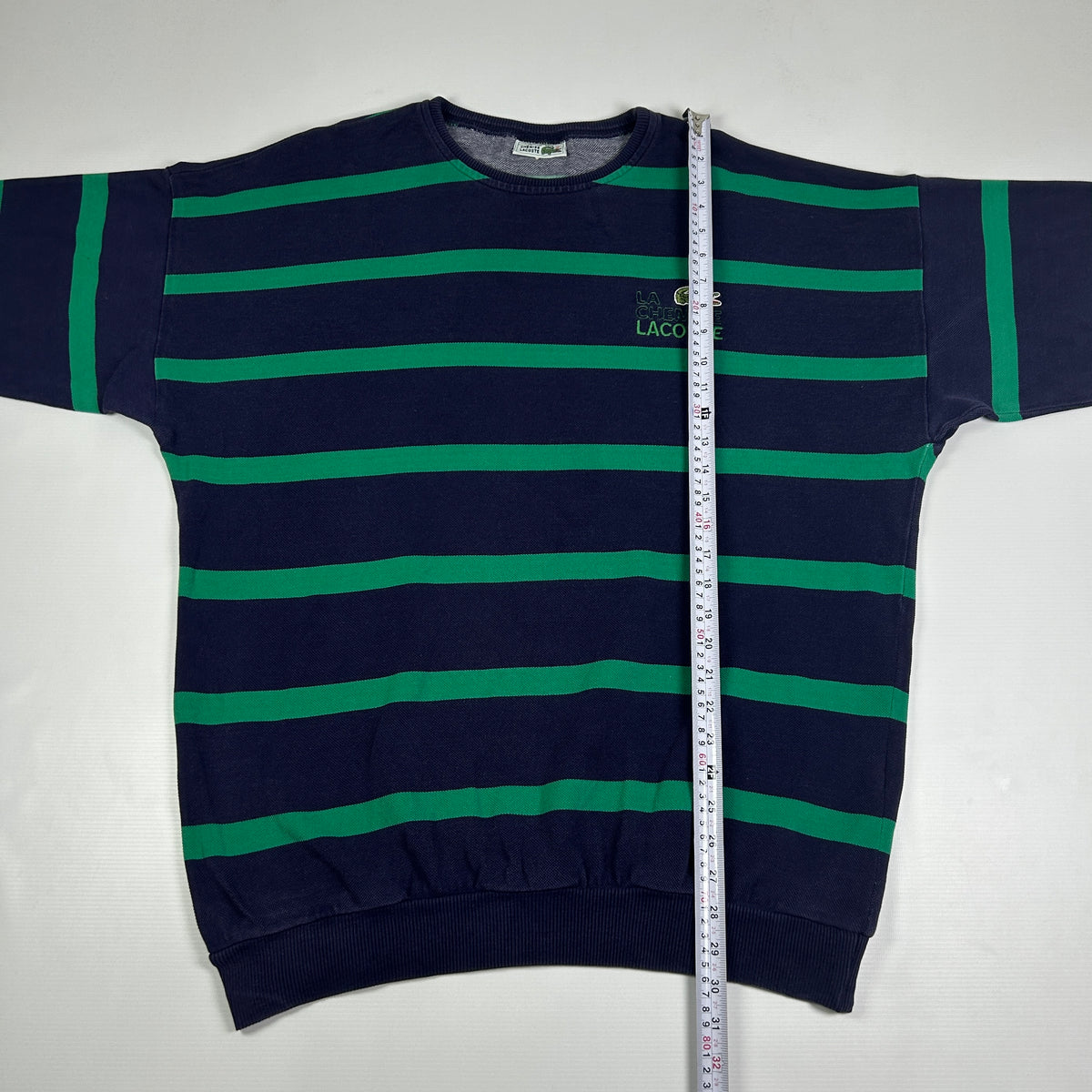 L - Vintage 1980's Lacoste Navy Green Stripe Crewneck Sweatshirt