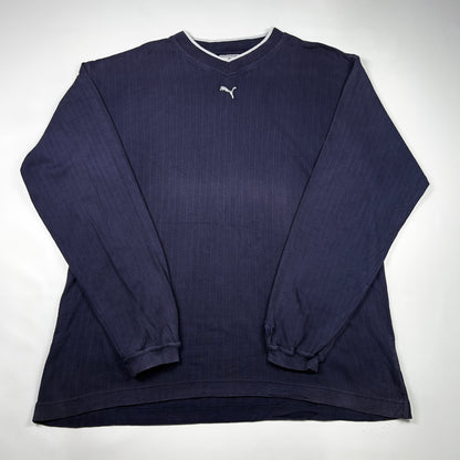 L - 1990's Puma Navy Long Essentials Elevated Relaxed Material Sleeve V-Neck Shirt