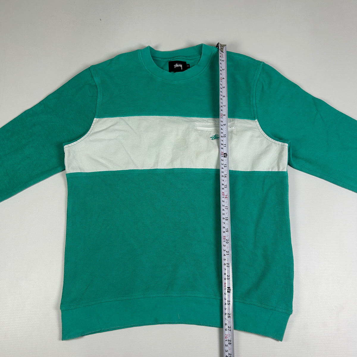 M - Stussy Teal and White Colorblock Crewneck Sweatshirt