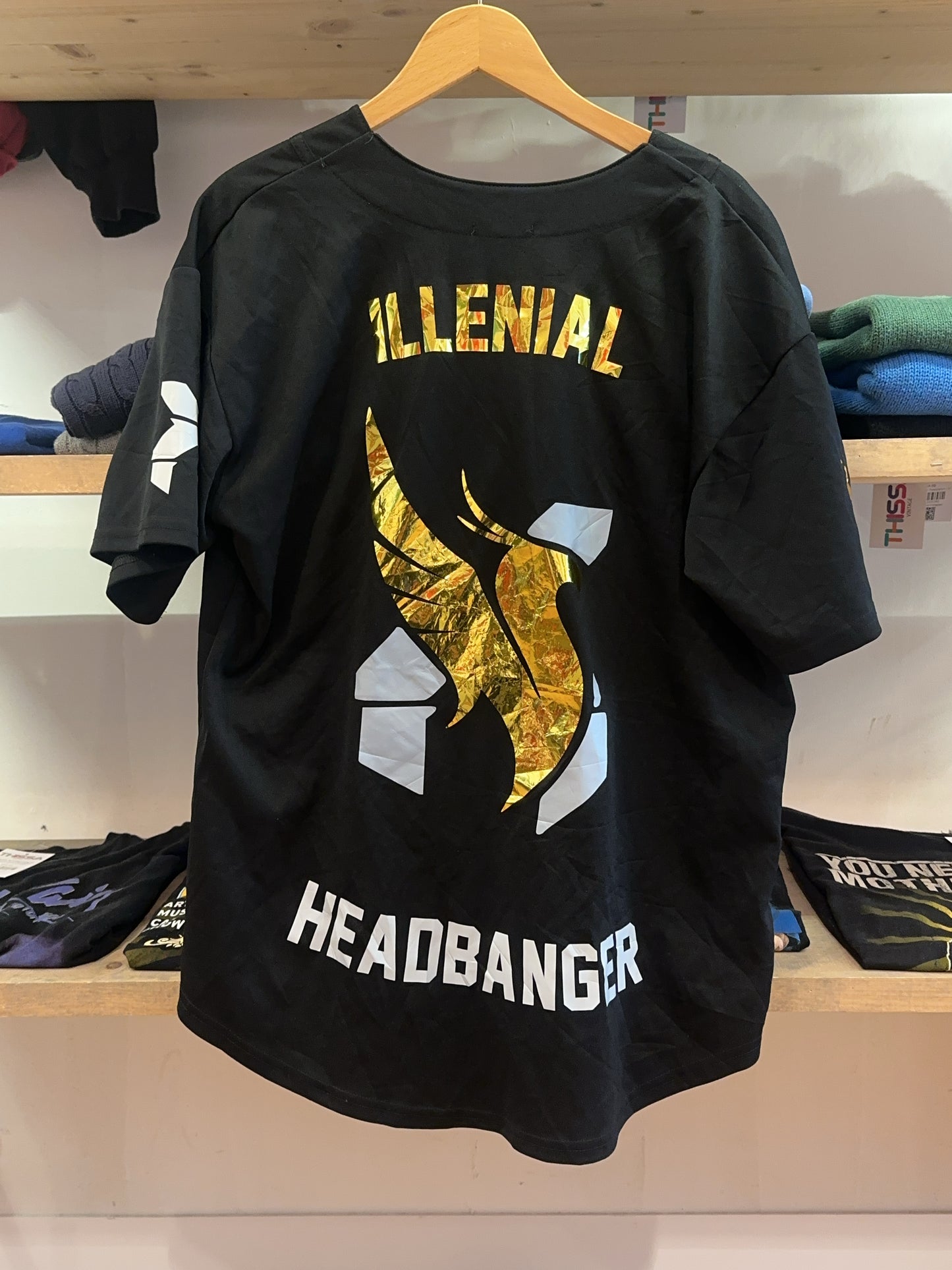 L - Black Vintage Millennial Headbanger Graphic Button Shirt