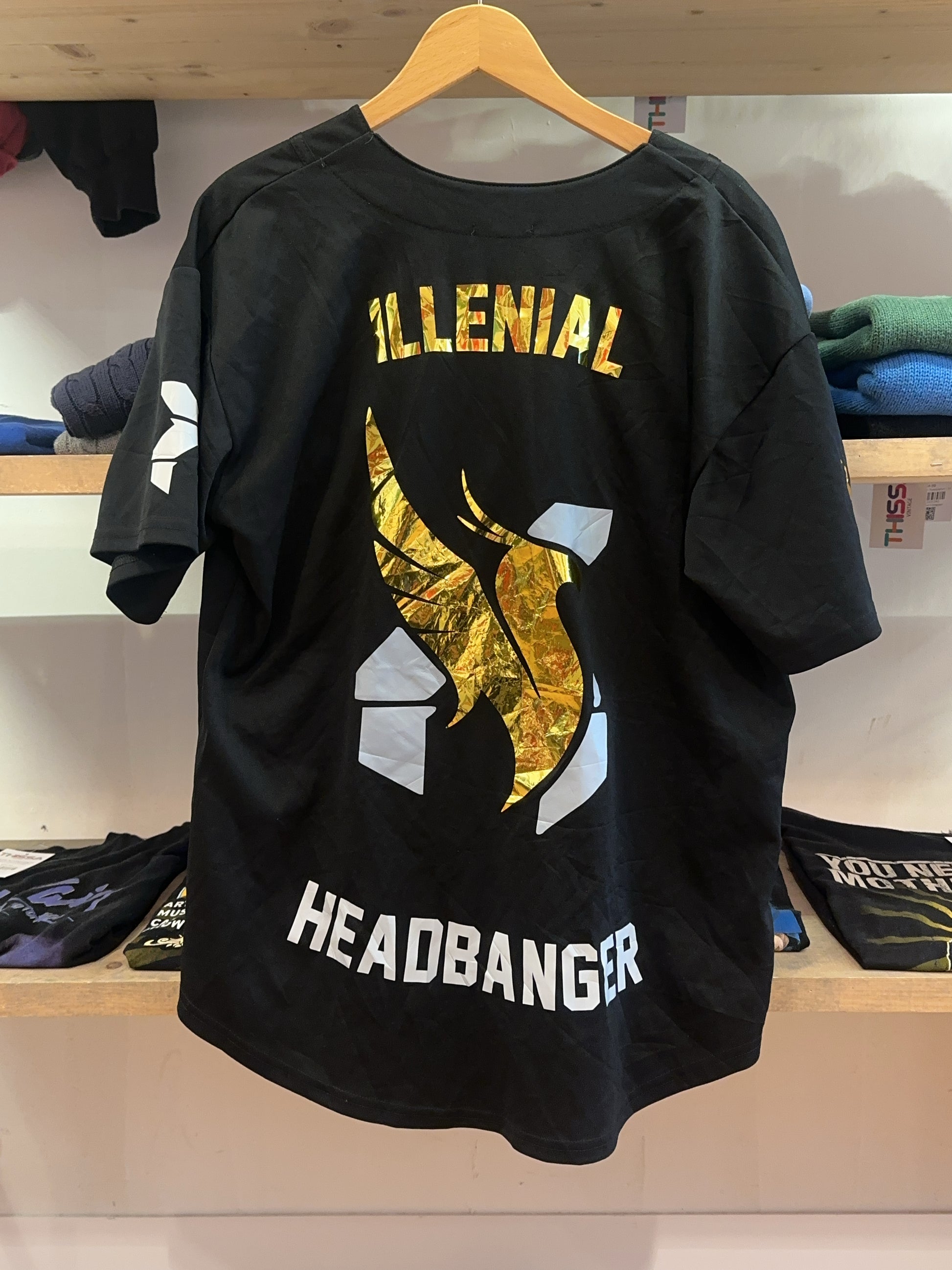 L - Black Vintage Millennial Headbanger Graphic Button Shirt