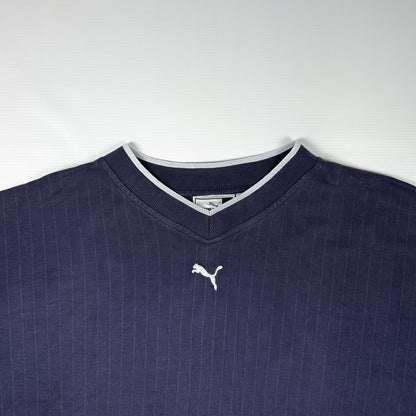 L - 1990's Puma Navy Long Essentials Elevated Relaxed Material Sleeve V-Neck Shirt
