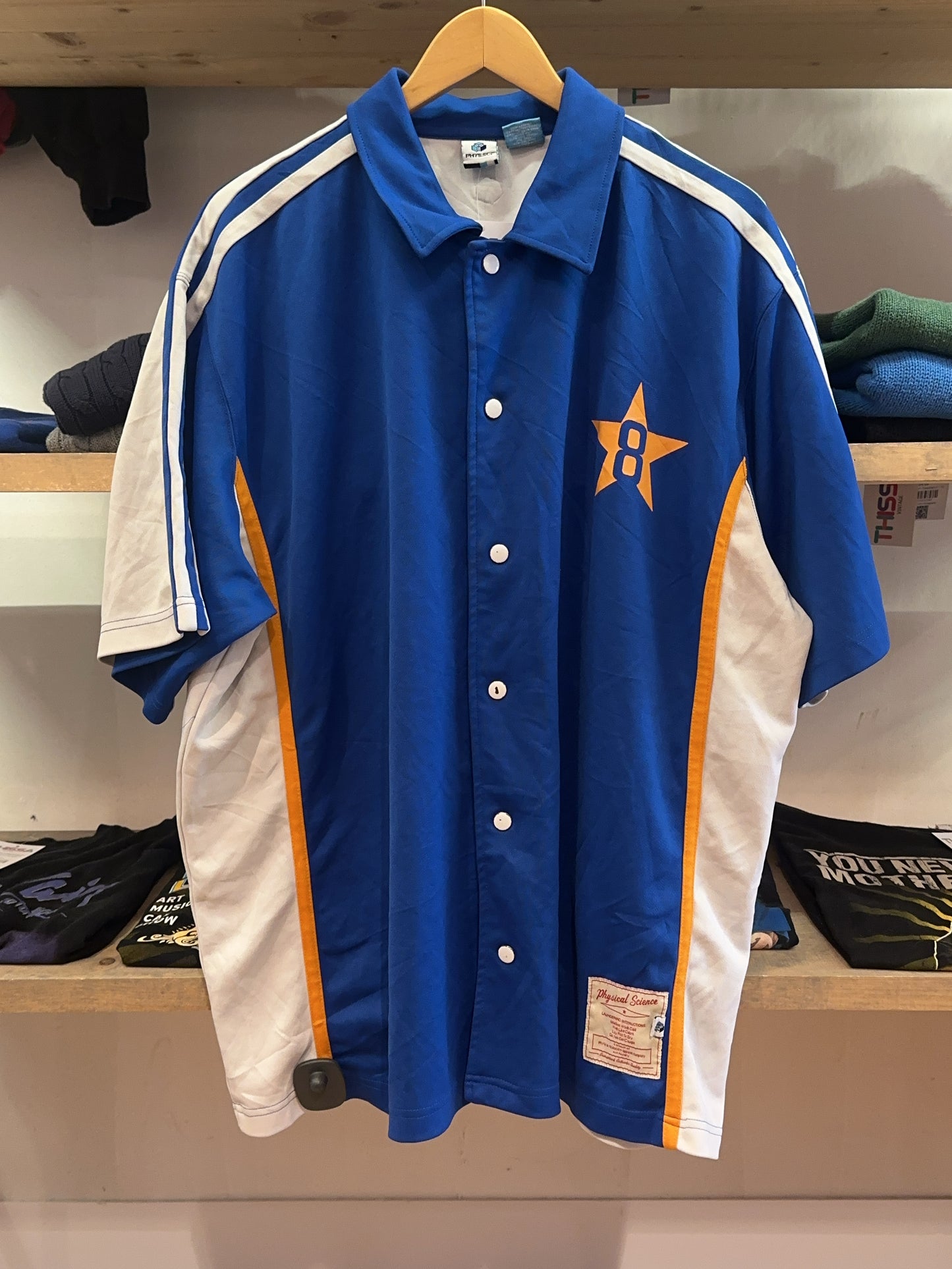XL - Blue and White Athletic Button-Up Shirt Baseball