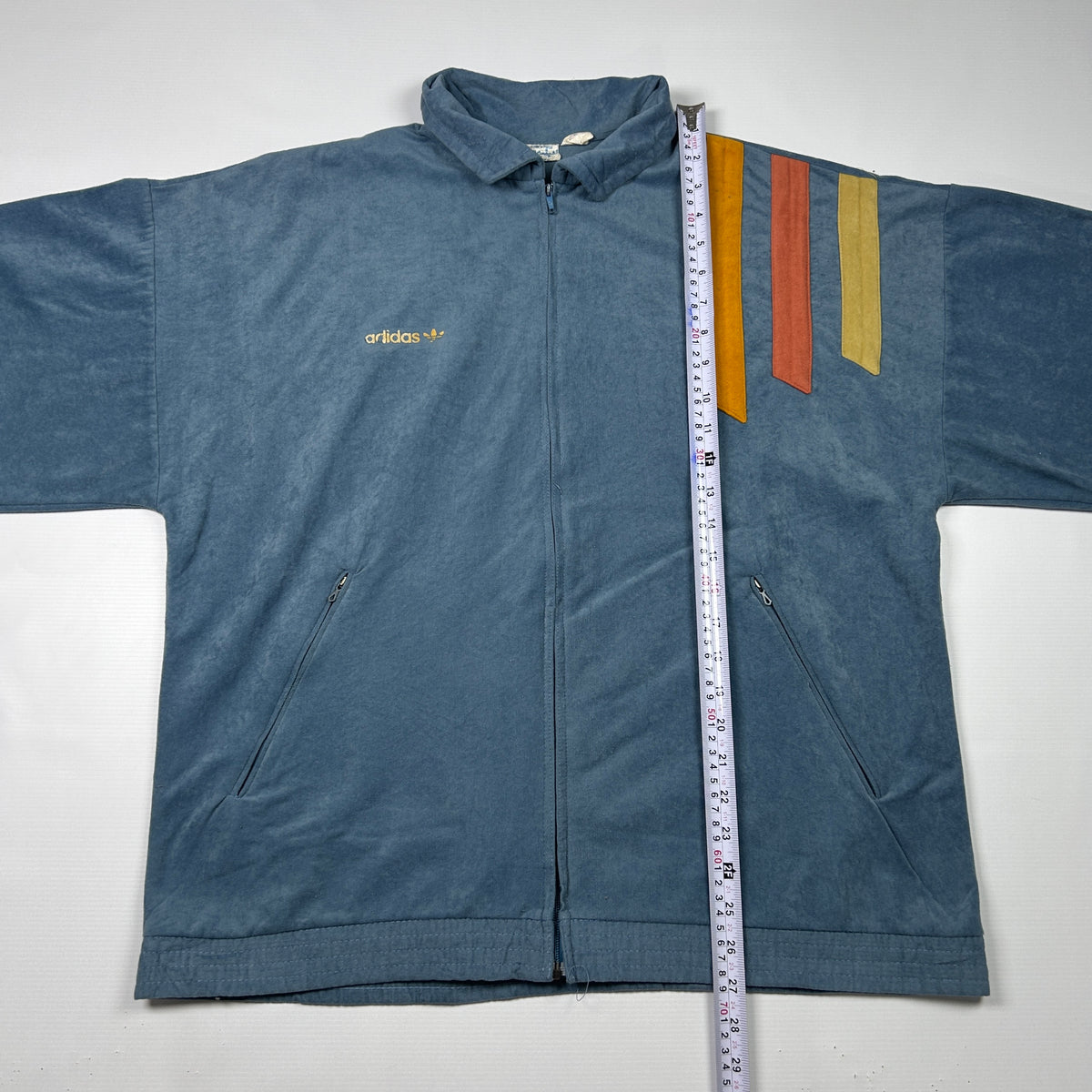 L - 1970's Adidas Ventex velour Blue Zip Track Jacket with Trefoil Stripes