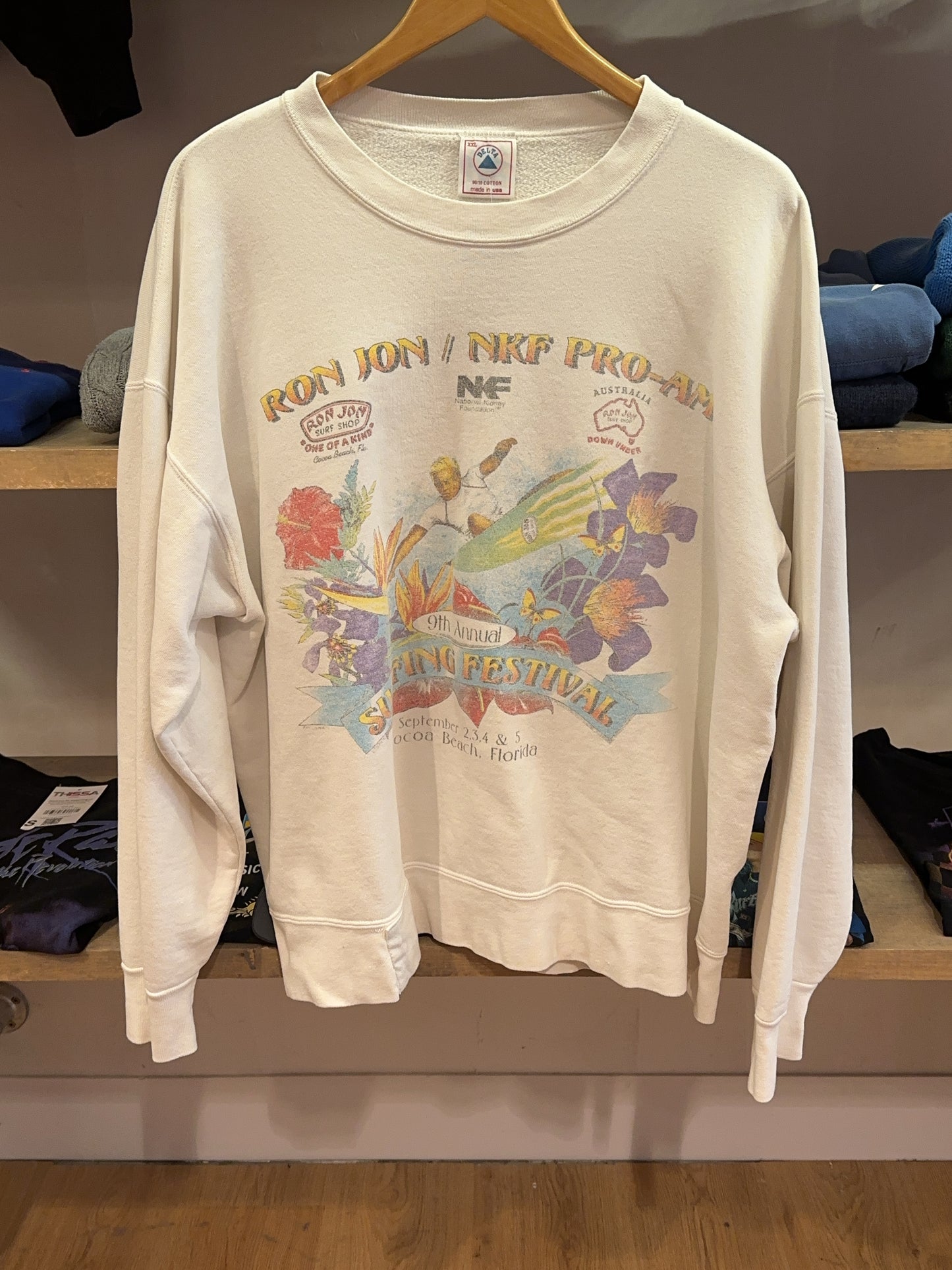 XXL - Vintage 1990's Delta Sweatshirt featuring a "Ron Jon / MKF Pro-Am" surf