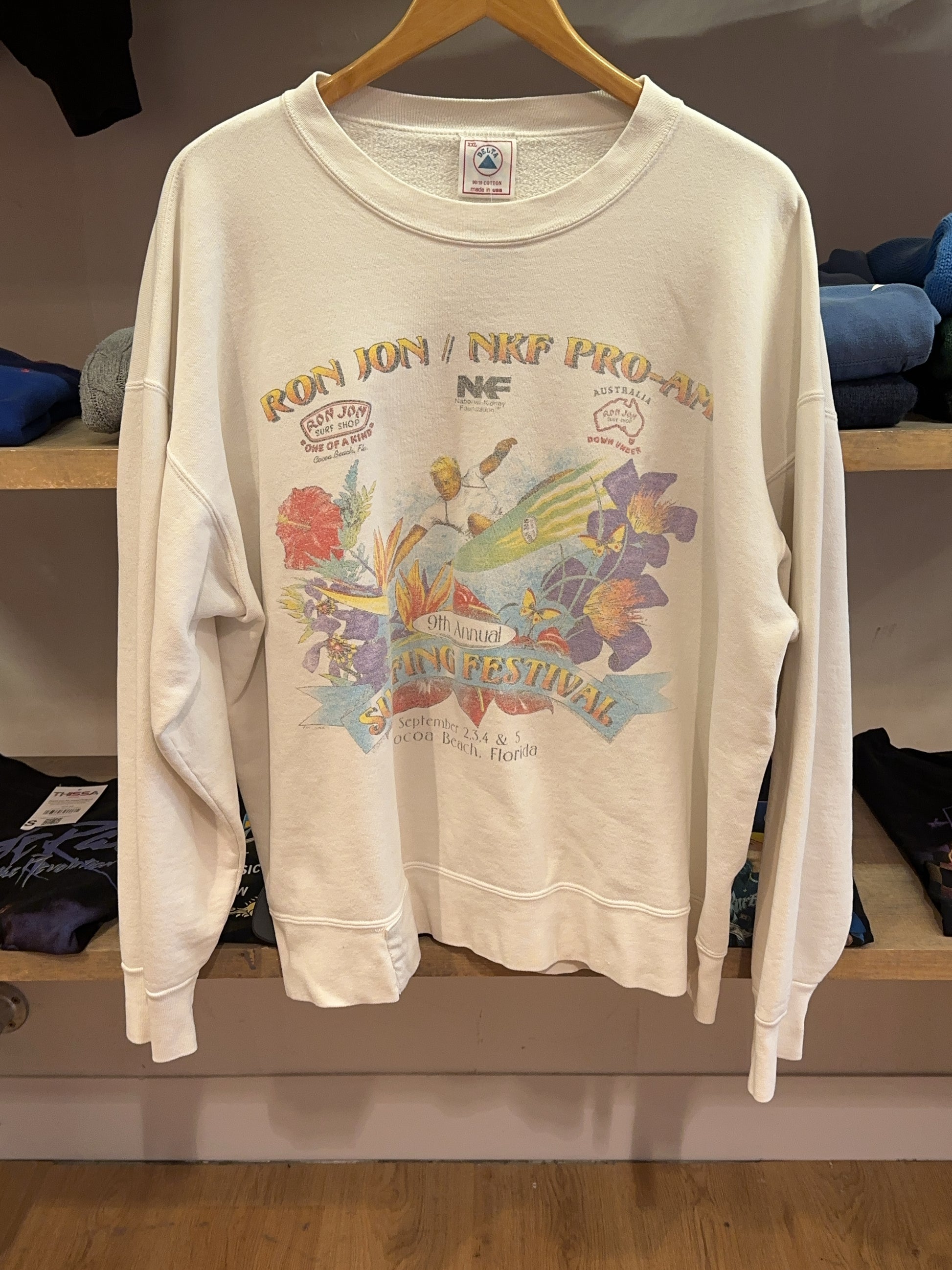 XXL - Vintage 1990's Delta Sweatshirt featuring a "Ron Jon / MKF Pro-Am" surf