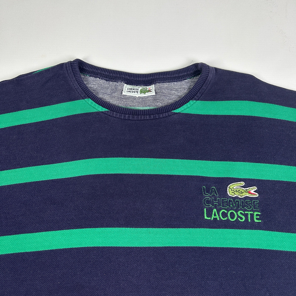 L - Vintage 1980's Lacoste Navy Green Stripe Crewneck Sweatshirt