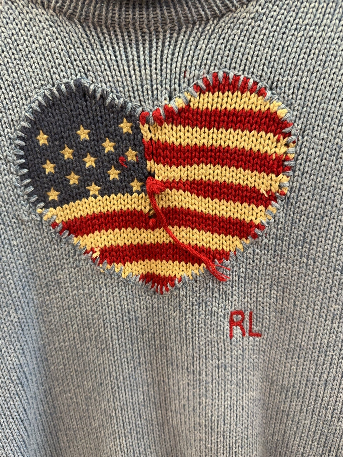 XS - Polo Ralph Lauren Cable Knit Flag-Heart Cotton Jumper USA Flag Heart