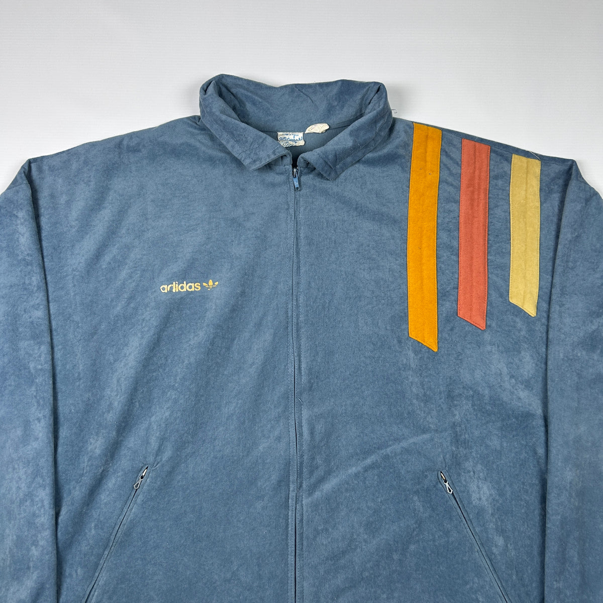 L - 1970's Adidas Ventex velour Blue Zip Track Jacket with Trefoil Stripes