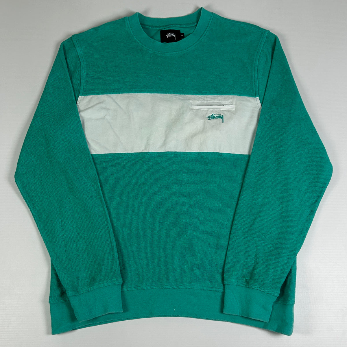M - Stussy Teal and White Colorblock Crewneck Sweatshirt