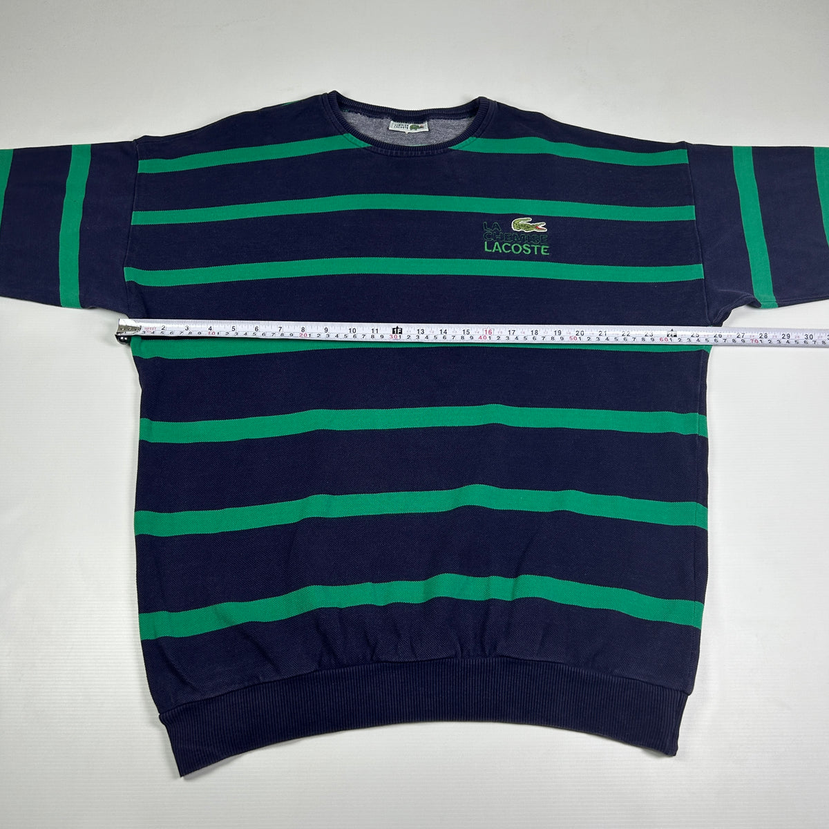 L - Vintage 1980's Lacoste Navy Green Stripe Crewneck Sweatshirt