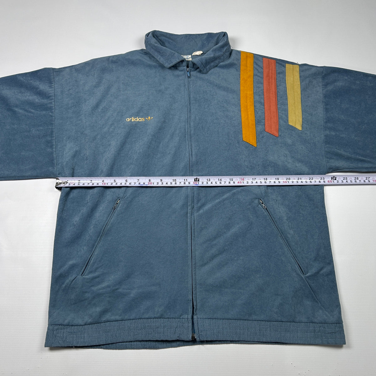 L - 1970's Adidas Ventex velour Blue Zip Track Jacket with Trefoil Stripes