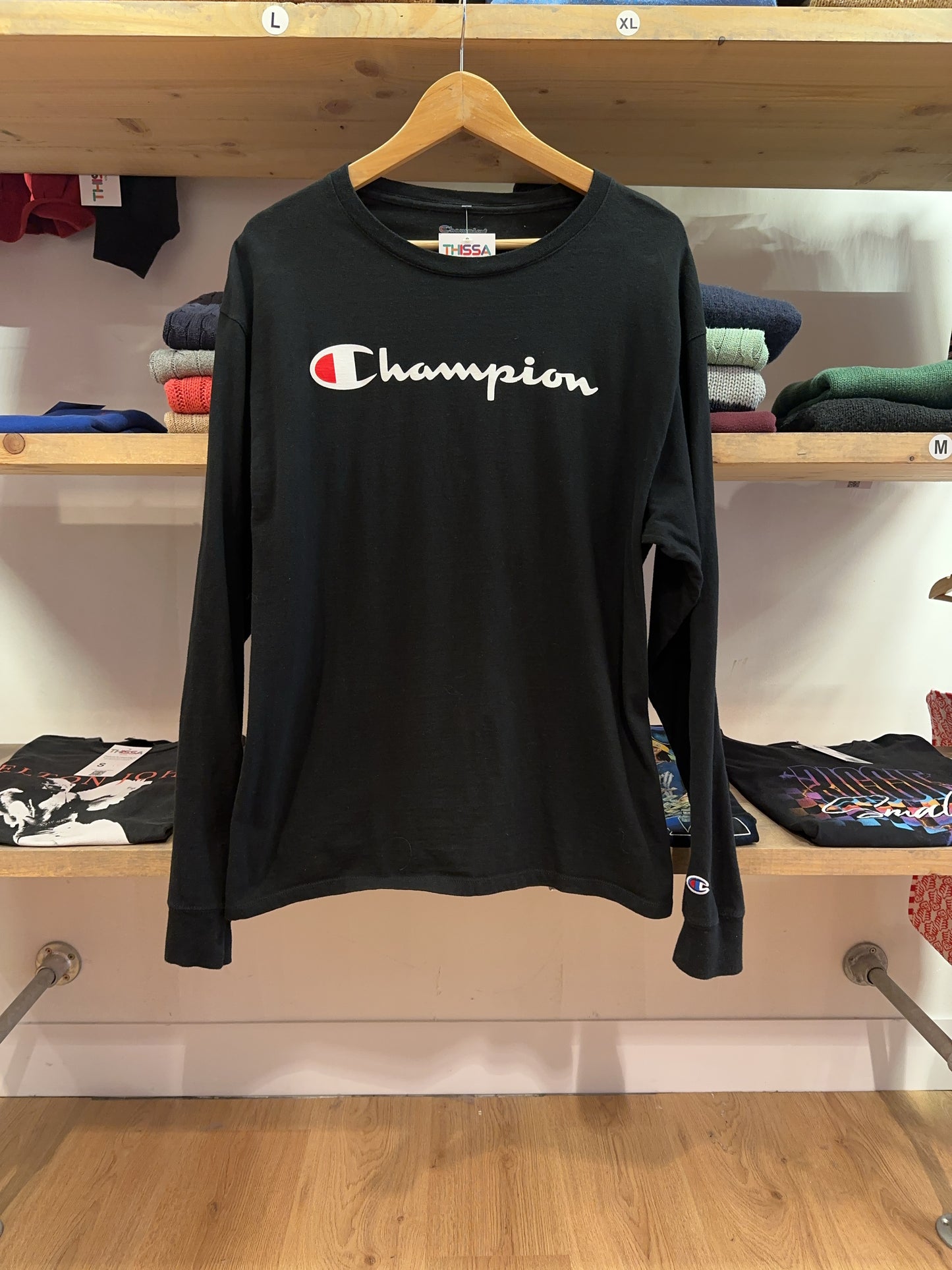 Champion Black Logo Long Sleeve T-Shirt - Large