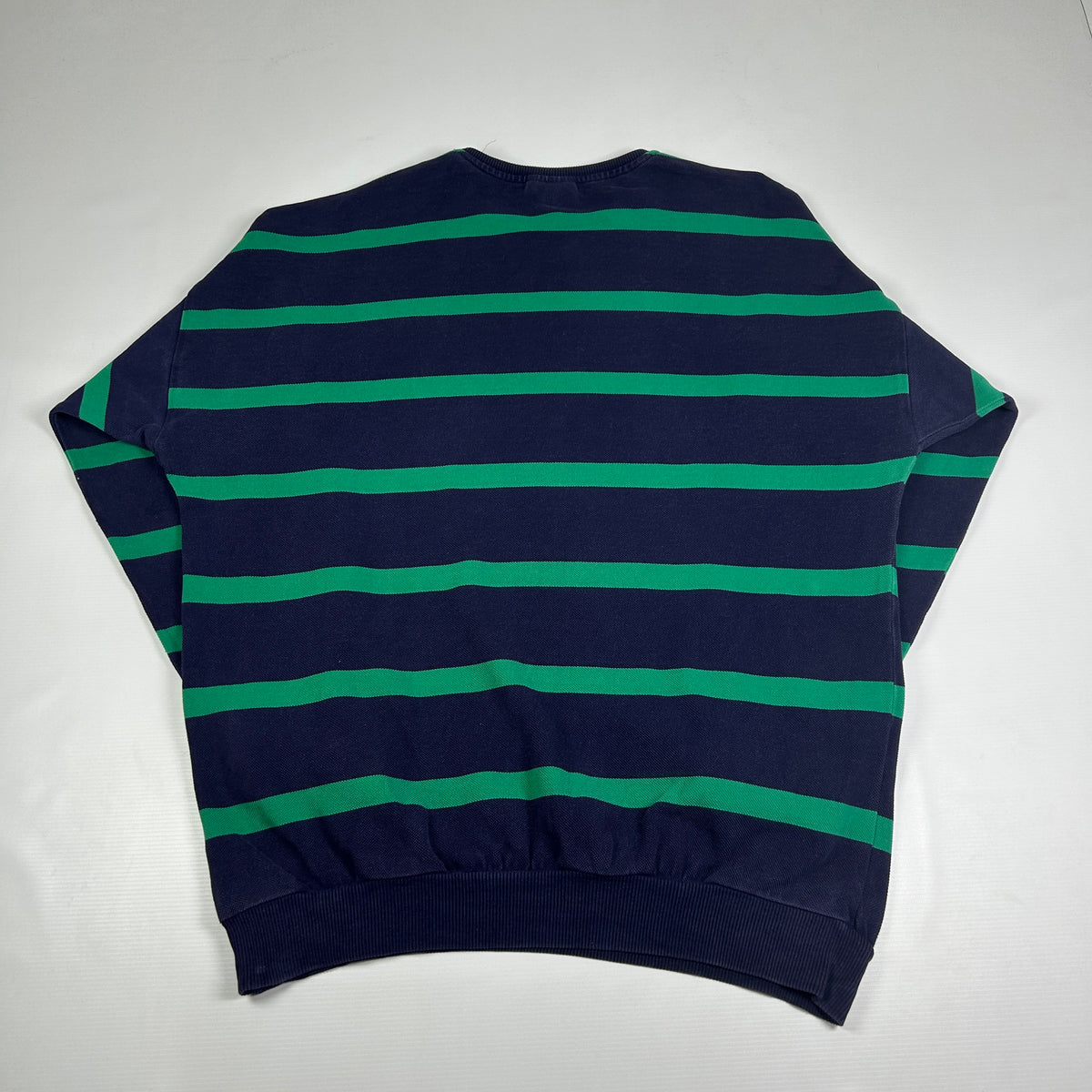 L - Vintage 1980's Lacoste Navy Green Stripe Crewneck Sweatshirt