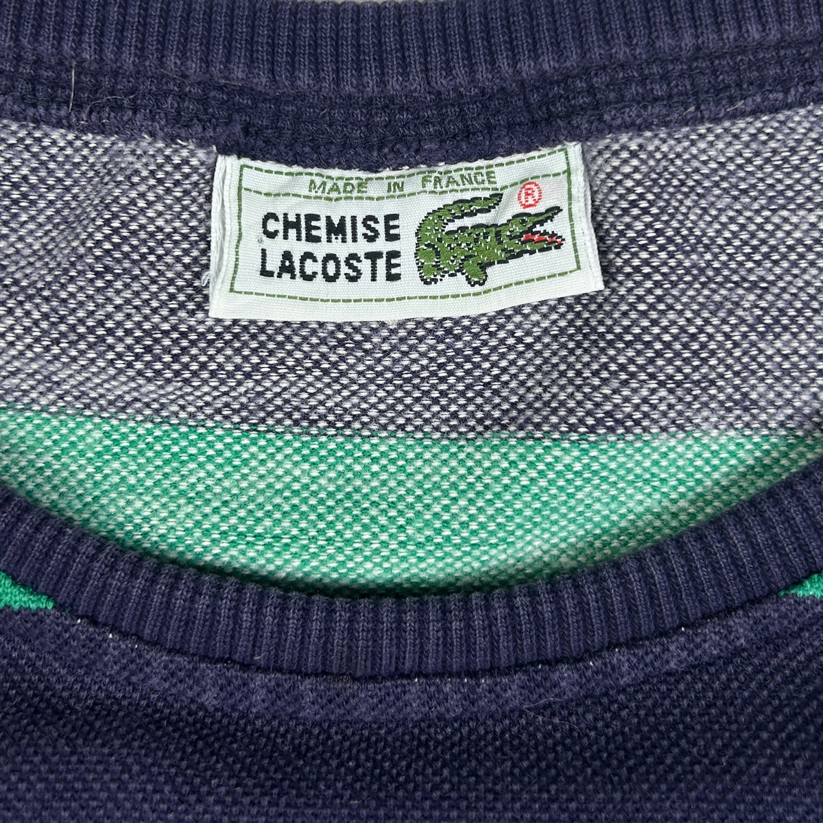 L - Vintage 1980's Lacoste Navy Green Stripe Crewneck Sweatshirt